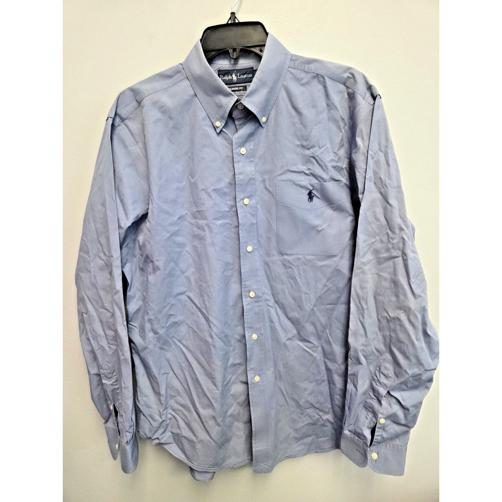 Ralph Lauren Men's Lg Classic Fit Long Sleeve Button Down Shirt Blue Emb Logo